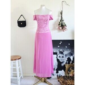 Chadwick's Vtg Y2k Hot Pink Lace Off shoulder Maxi Prom Dress Bridesmaid M